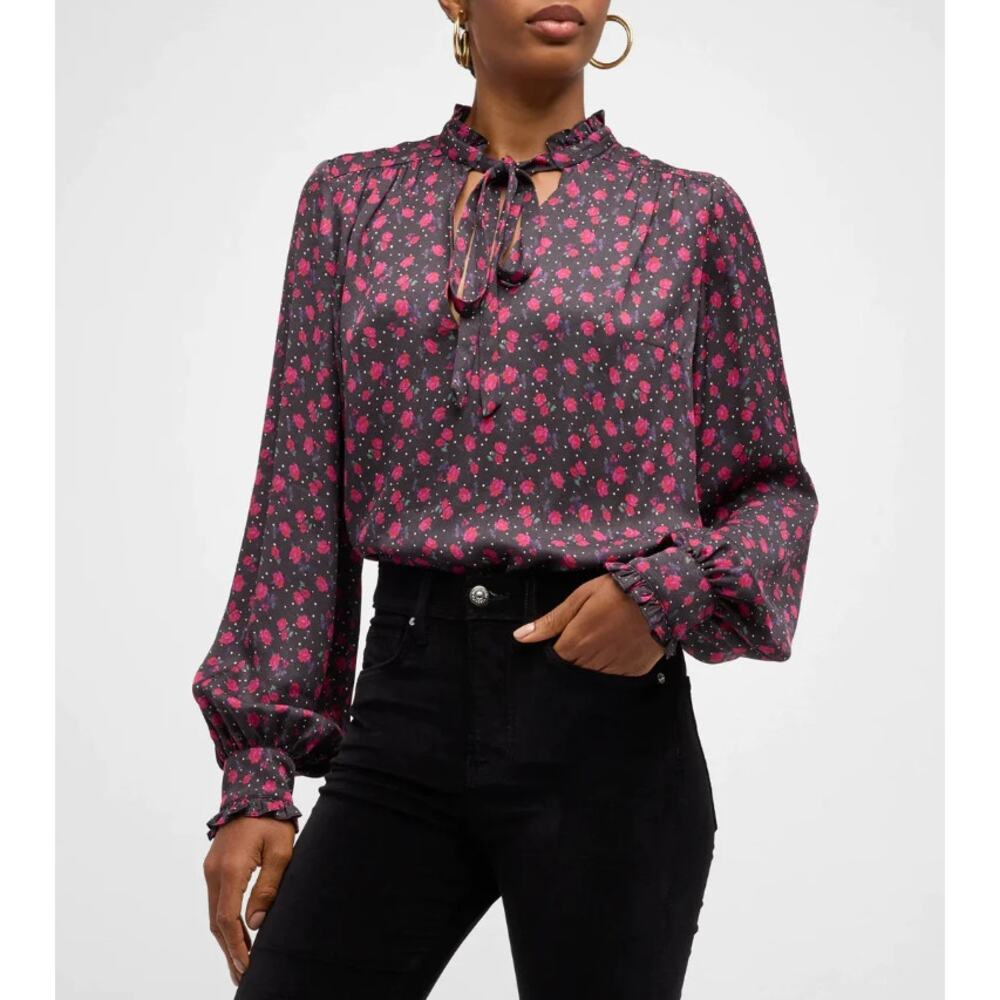 Veronica Beard Black Blouse with Pink Floral Print